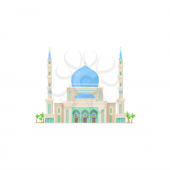 Muslim mosque with dome top isolated islamic religion building. Vector arab religion architecture, sultan house, place of pray with palm trees, cartoon design. Masjid temple, minaret landmark