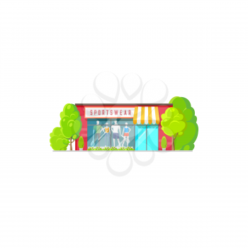 Sportswear clothing store isolated shop exterior with sportive cloth and sport equipment, flat cartoon design. Vector mall building storefront with trees, shop with men and women sportswear