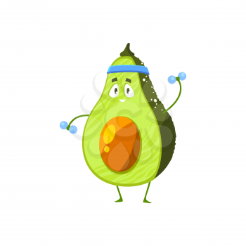 Cartoon avocado sportsman vector icon, funny vegetable character workout with dumbbells sport exercises isolated on white background. Healthy exotic food, sports lifestyle, organic nutrition symbol