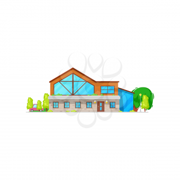Townhouse, rural loft chalet with parked car in garden isolated flat cartoon building. Vector modern exterior house building, country cottage, villa with veranda, entrance door triangular roof