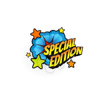 Dotted halftone sticker boom bang burst explosion, comic book special edition label. Vector limited edition of magazine, newspaper or dictionary, encyclopedia.Creative editable print, sticker card
