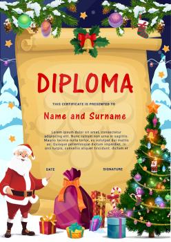 Christmas kid diploma with Santa Claus character, holiday gifts and decorated Christmas tree cartoon vector. Winter holidays certificate, child celebration diploma with greetings on old paper scroll
