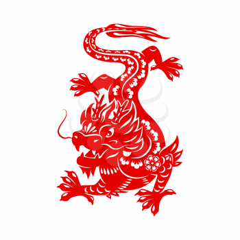 Chinese lunar New Year powerful dragon, vector astrological animal of China tradition, red dragon with floral ornament isolated on white background. Zodiac horoscope papercut red dragon