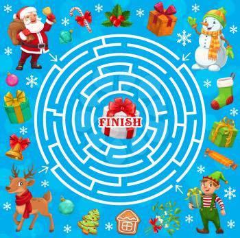 Christmas holiday labyrinth maze game with vector Santa, Xmas elf and gifts. Kids education game, puzzle or riddle with circular maze, Claus, reindeer and elf characters, present boxes and stocking