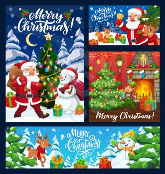 Santa, snowman, Christmas elf and reindeer with Xmas tree and winter holiday present vector greeting cards. Claus with Christmas bag, fireplace and socks, balls, lights, stars, candies and holly berry