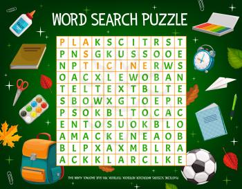 Word puzzle game grid with cartoon school education items and schoolbag, vector. Word quiz or riddle game, find word worksheet for kids with stationery book, pencil and scissors, ball and watercolors