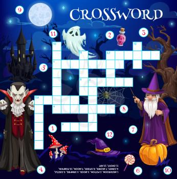 Cartoon Halloween characters crossword grid, find word quiz game, vector riddle. Kids worksheet with cross words with Halloween pumpkin, wizard sorcerer and witch hat, ghosts, spider and vampire