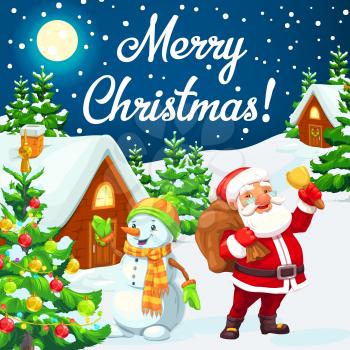 Merry Christmas vector design of Santa with gift bag and Xmas bell, snowman, Christmas tree and presents, snow, balls and lights, festive village and snowy houses. Winter holidays greeting card