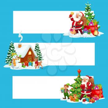 Christmas tree, Santa, snowman and Xmas gift vector banners with copy space. Claus, elf and reindeer, red bag with presents, ribbon bows, stars and snow, balls, lights, snowflakes and Xmas wreath