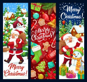Merry Christmas vector banners, winter holidays greetings and decorations. Santa with snowman carry gifts bag, Christmas tree lights and ornaments, sock and candy canes with gingerbread man cookie