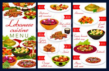 Lebanese cuisine menu with vector dishes of Arab food. Hummus, vegetable soups and meat bean stew, halloumi cheese with tomatoes, lamb kofta meatballs and fattoush salad, cake and stuffed zucchini