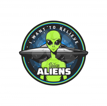 Aliens icon with vector UFO and space monster. Flying saucer spaceship and green martian extraterrestrial creature with angry face and big eyes, galaxy universe stars and asteroids isolated symbol