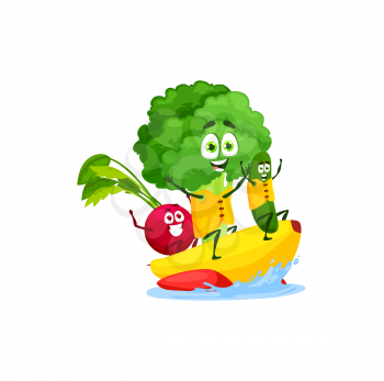 Radish, broccoli and cucumber swimming on water banana isolated cute cartoon characters on summer rest. Vector vegetarian food, cocktail ingredients, kids food on sea vacation holidays, healthy eating