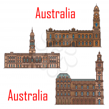Australia architecture, Adelaide and Melbourne municipal city buildings and historic landmarks. Vector Adelaide town hall and Melbourne general post office detailed facades