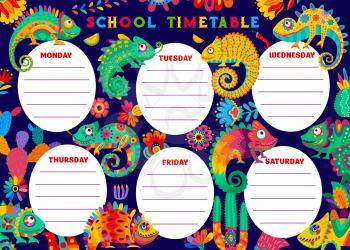 Education timetable schedule with mexican chameleon lizards, cactuses and floral ornaments. School vector template for classes planning with cartoon succulents and reptiles. Kids lessons timetable