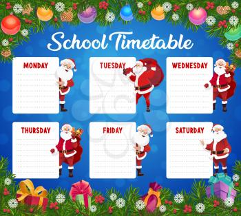 Child Christmas school timetable, kids lessons schedule with Santa and holiday decorations. Children winter holiday planner template. Santa character with gifts, Christmas tree toys cartoon vector