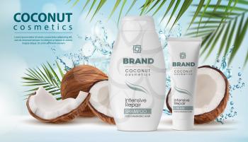 Coconut cosmetics, shampoo and cream packaging in water splash. Vector coconut palm tree fruit, nut shell and green leaves. Realistic 3d bottle and tube of natural products for hair care, ad poster