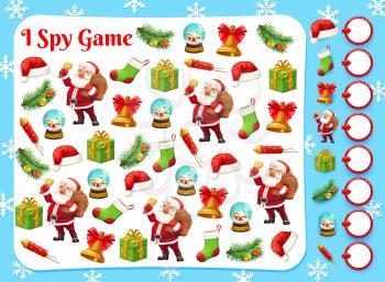 Christmas game of I spy, find and count puzzle vector template. Children education activity worksheet or logic riddle with Santa cartoon character, Xmas gift box, stocking and red hat, bell, snowflake