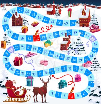 Christmas vector board game or puzzle with cartoon Santa and winter holiday village. Dice board game, from start to finish path with numbered steps, help Santa and reindeer to deliver Xmas gifts