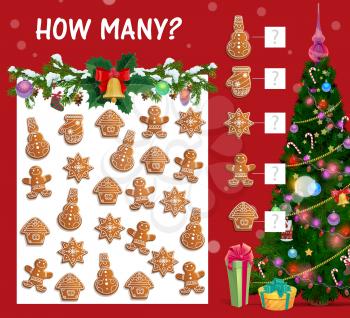 Kids Christmas how many counting game with gingerbread cookies. Man, house and snowman shape gingerbread cookie, gifts boxes and decorated Christmas tree cartoon vector. Child winter holiday math maze