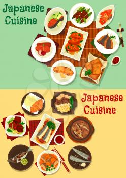 Japanese cuisine food. Fish and meat vector dishes with vegetables, curry, ginger, soy and miso sauce. Beef stew with noodles, tofu and eggs, baked tuna, salmon and marlin with herbs and pepper