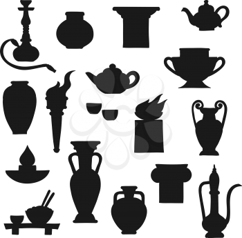 Ancient pottery vector black silhouettes of greek amphora, chinese vase and indian oil lamp. Antique ceramic teapot, copper jug and fire bowls, torch, plate and hookah pipe, cups, columns and jars