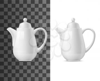 Tea or coffee pot vector mockup. White ceramic or porcelain teapot 3d template, kitchen utensil or tableware realistic object with curved handle, lid and snout on transparent background