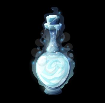 Potion bottle with ice, cartoon magic love elixir or poison vector game interface, ui or gui. Alchemist, witch or wizard potion in glass bottle, flask, jar or vial with frost, snowflakes and icicles