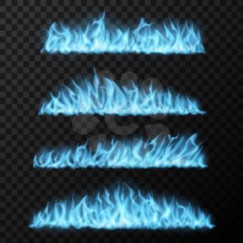 Natural gas, realistic blue fire trails, long burning tongues. Vector flames, burning magic blaze effect, glowing shining flare borders. Fire design elements isolated on transparent background 3d set
