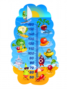 Kids height chart, vegetables on vacations, vector cartoon growth meter. Kids height chart or measure scale with vegetables on summer sea beach, funny cute tomato, broccoli and avocado on surfboard