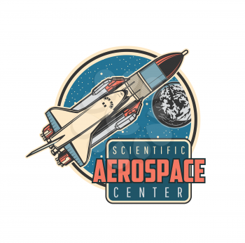 Space shuttle icon with vector carrier rocket, spaceship and Earth planet, galaxy universe stars, meteors and asteroids. Isolated retro symbol of space travel, aerospace center and cosmos adventure