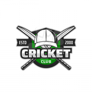 Cricket field icon with vector sport bats and player uniform cap on heraldic shield. Crossed cricket game equipment isolated badge of sport club, sporting competition or championship match design