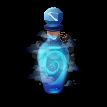 Potion bottle with blue wing wave, cartoon vector magic elixir with clouds, tornado swirl and faceted crystal bung. Wind energy in glass flask with vortex inside. Witch poison, alchemy vial ui element