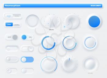 Neumorphic knob UI kit, mobile application buttons, user interface or UX. Buttons, on off sliders, switches and volume control knobs of mobile and website app GUI, minimal neumorphism