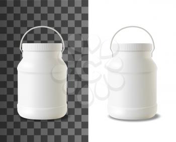 Mayonnaise plastic bottle. Realistic packaging mock-up of sour cream, yogurt or ice cream dairy products blank white container 3d vector mockup, mayo sauce jar with wide lid and handle