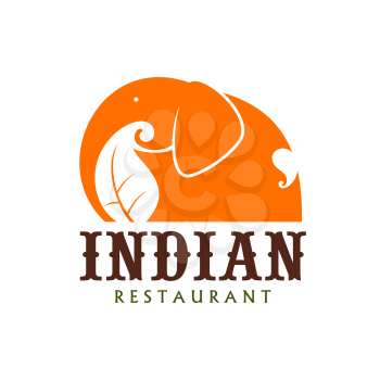 Indian restaurant icon of elephant, India cuisine food and traditional chef kitchen menu vector sign. Indian cuisine curry food or vegan and vegetarian meals emblem of orange elephant with spices