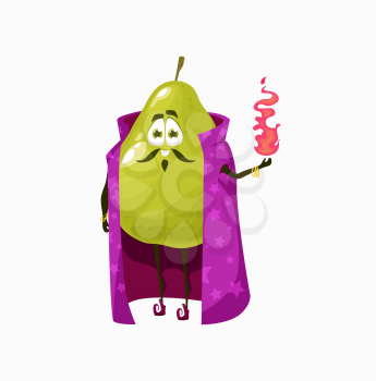 Apple guava pear fruit wizard with magic glass fire in hands, isolated cartoon character ikn cape. Vector funny green exotic pear with face, smiling emoticon fairy sorcerer, kids children cute food