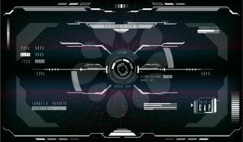 Target aim control HUD futuristic display monitor screen interface. Future spaceship or Sci-Fi military plane pilot rectangular dashboard, vector screen panel and game UI with gauges and aim circle