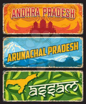 Assam, Andhra and Arunachal Pradesh, India states or regions vector tin signs. Indian states metal plates or city welcome signage with region landmark symbols and emblems, map or city tagline