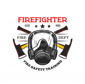 Firefighter tools heraldic icon. Vector fireman gas mask and crossed axes. Fire department and rescue service heraldry, safety and firefighting training isolated symbol