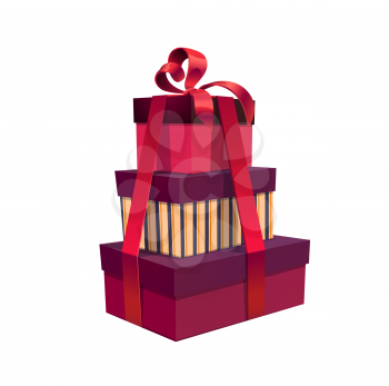Stack of holiday gifts, vector square boxes pile wrapped with red bow. Presents with curly ribbon. Isolated cartoon giftboxes for festive event celebration. Christmas, Valentine, Birthday or New Year