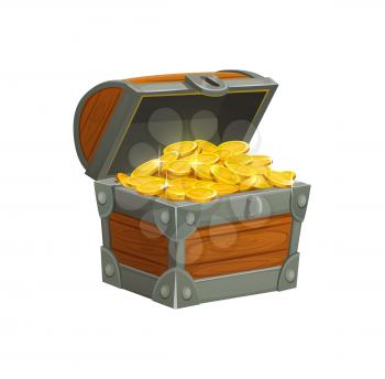 Cartoon pirate treasure chest with golden coins. Open wooden chest box decorated with forgery full of sparkling gold pieces isolated on white. Fantasy case game or mobile application ui element