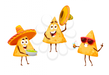 Mexican nachos chips on leisure fiesta in sombreros, vector Mexico cartoon food characters. Nachos chips on summer vacations in sombreros with guacamole, drinking cocktail, traditional Mexican party