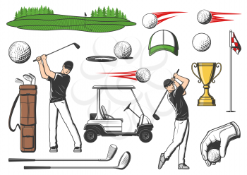 Golfer and golf club sport items, vector game equipment icons for tournament or championship. Golf club caddy cart, victory cup and player with golf bats and pins on green tee course or putter