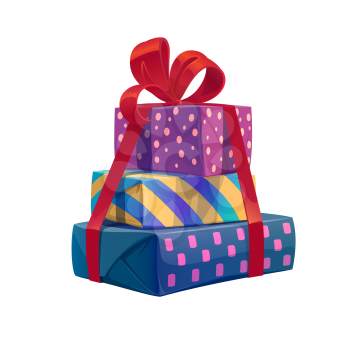 Cartoon holiday gifts stack, vector heap or pile of present boxes with red ribbon and bow. Isolated festive wrapped giftbox, package and pack of Christmas, Xmas, birthday and New Year celebration