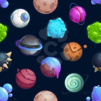 Cartoon space planets and stars seamless pattern, vector galaxy background. Fantasy space planets with alien planets of ice or fire, ufo spaceship and fantastic extraterrestrial satellites pattern