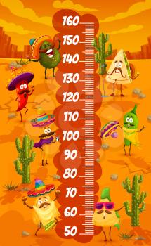 Cartoon mexican food characters in desert on kids height chart. Children growth meter, child height chart centimeters vector scale with cute smiling avocado, chilli peppers and quesadilla in sombrero