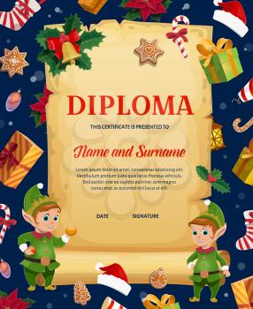 Child diploma template with Christmas elfs, gifts and sweets. School or kindergarten certificate, child education achievement diploma. Holiday gifts, holly leaves and gingerbread cookie cartoon vector