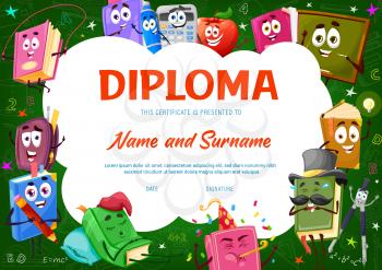 Kids diploma certificate with books, textbooks and bestsellers cartoon characters. Children education achievement vector certificate, kids diploma template with funny pen, compass and chalkboard