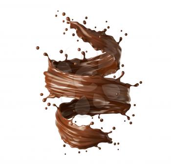 Chocolate milk twister, whirlwind or tornado realistic splash. Coffee and cocoa vector brown swirl, stream, liquid splashing with droplets. Isolated realistic 3d splash whirl for drink package promo